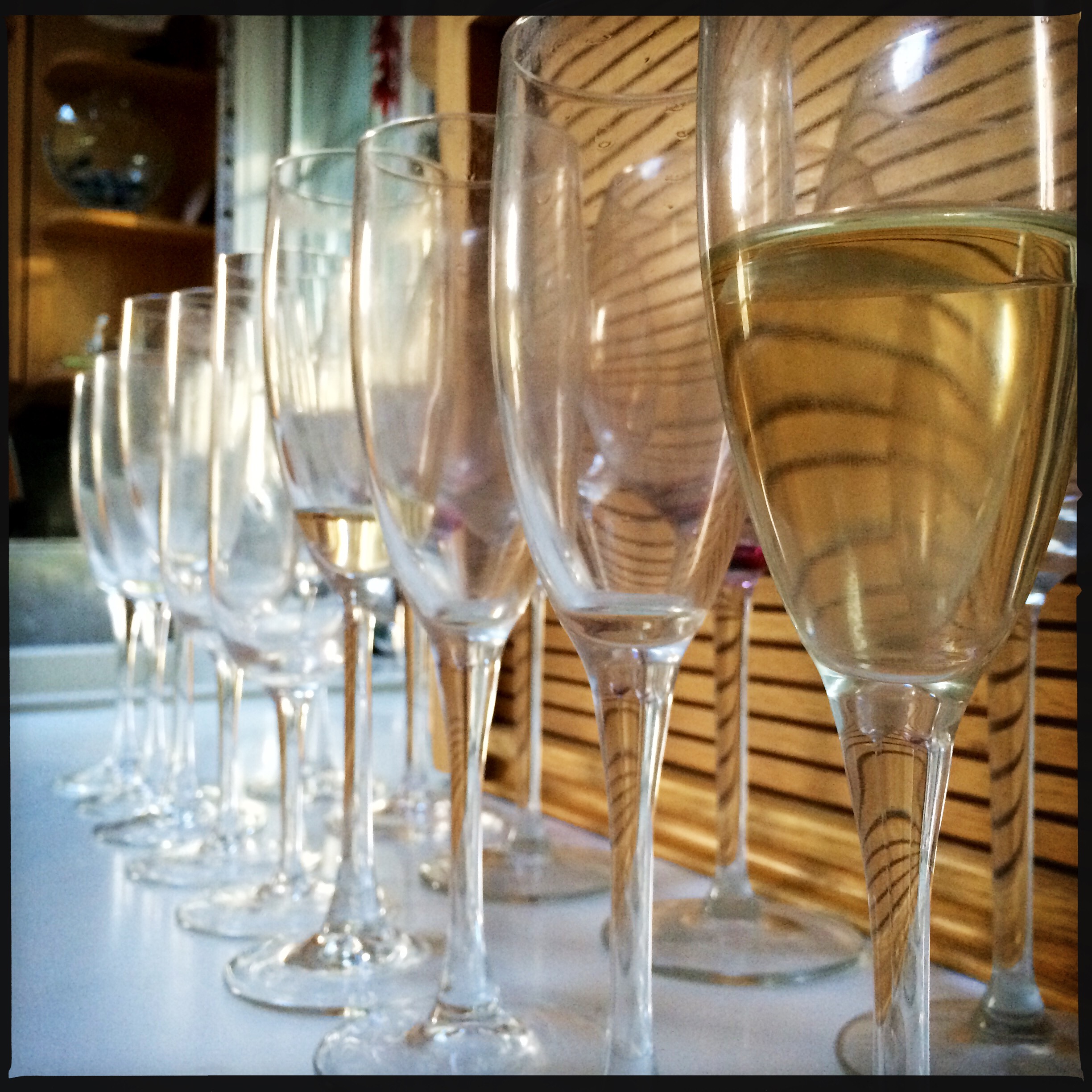 Champagne aftermath / a row of empty glasses / one glass left half full. / haikumages